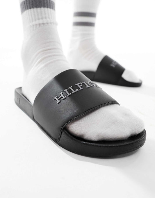 Tommy Hilfiger raised logo pool sliders in black