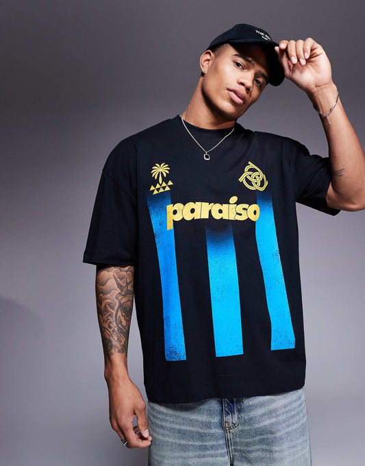 Oversized striped t-shirt with sports graphic in black